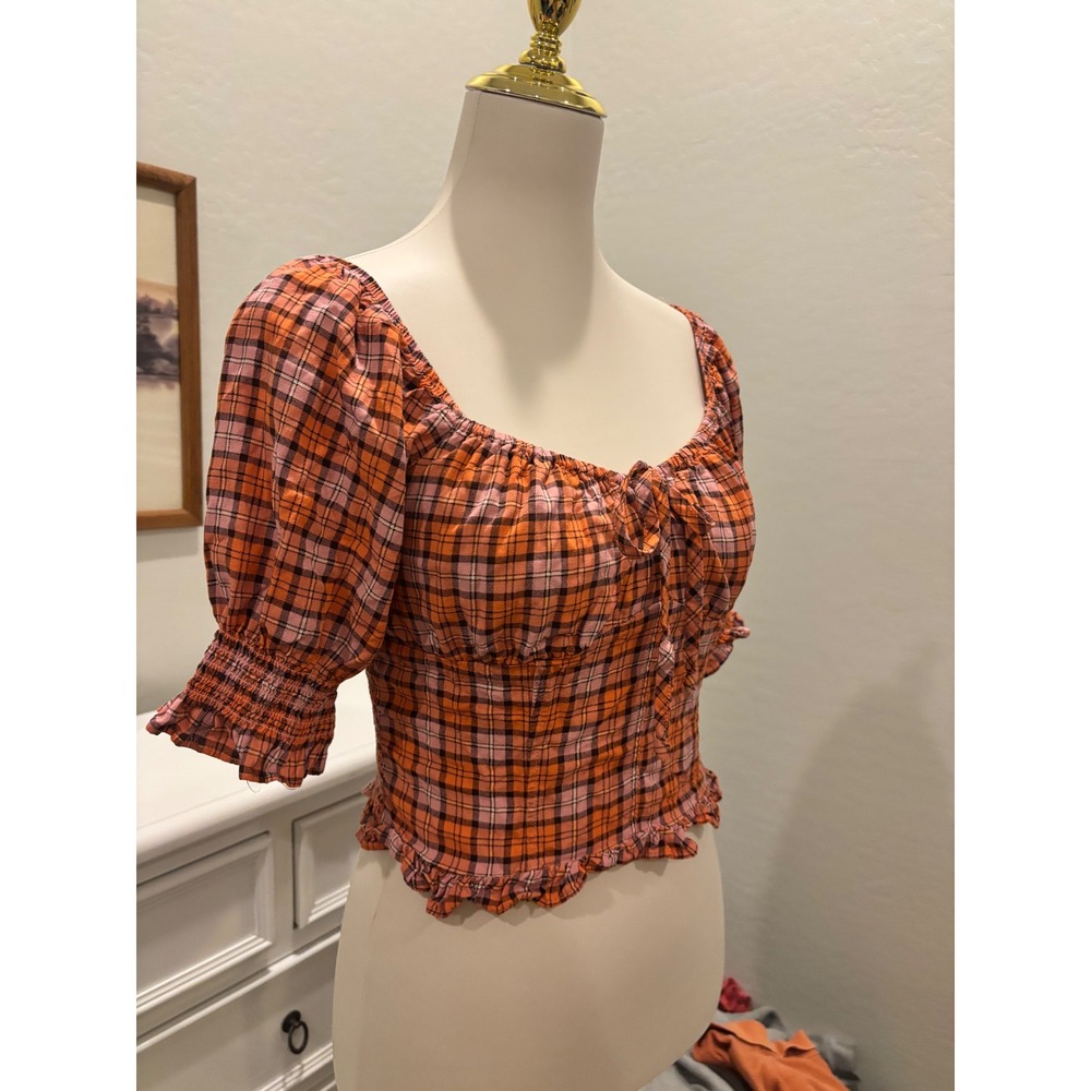 Cottage Core Plaid Smocked milkmaid Top SO Orange Pink Sweetheart Neck M - Picture 2 of 5